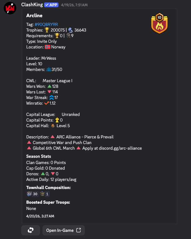 ClashKing clan command showing ArcLine clan statistics in Discord