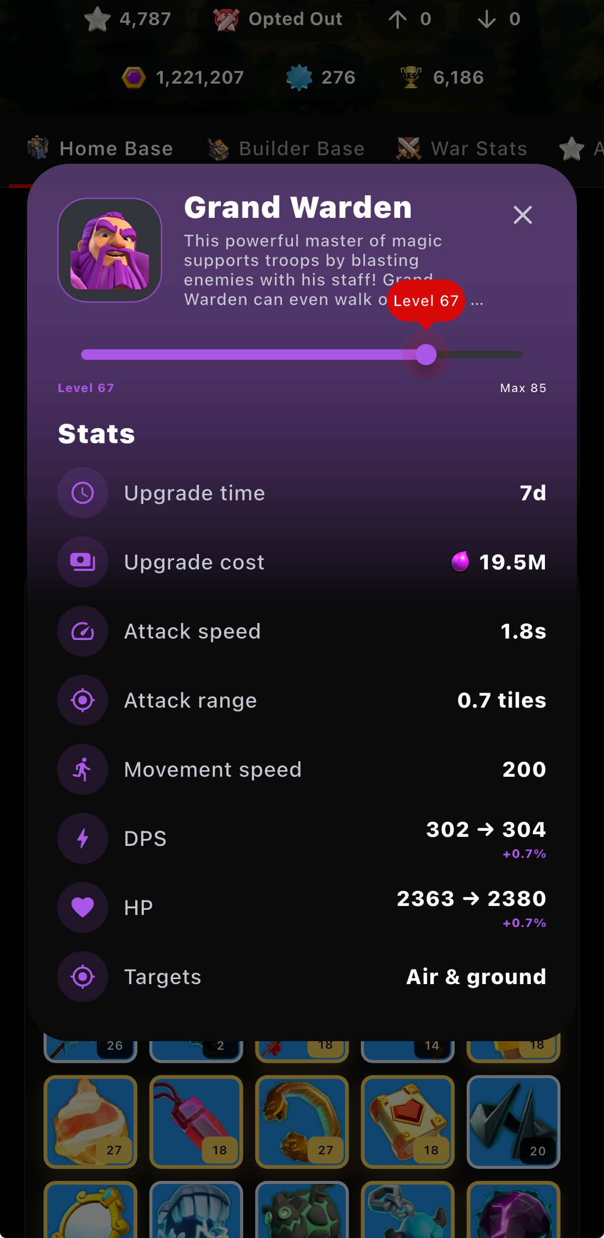 ClashKing Mobile App Grand Warden upgrade statistics
